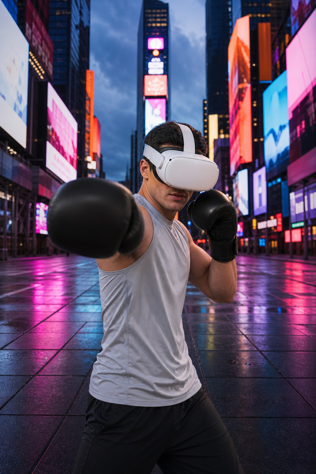 Man boxing in a VR headset in Times Square
